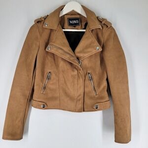 XOXO Womens Brown Faux Suede Moto Jacket‎ Size S